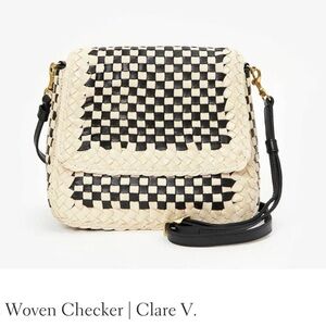 New Clare V. Louis in Cream & Black Border Woven Checker